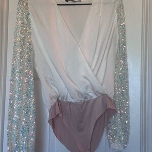 Glamorous Sequin Sleeve Bodysuit - White and iridescent